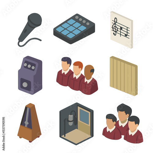 A Cappella Icon Set. Isometric Flat icon set of a cappella vocal group: beatbox mic, vocal percussion pad, chord chart, harmonizer