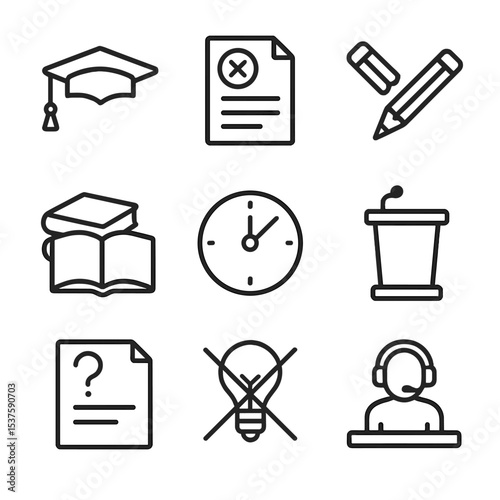 Academic Hurdles Icons. Outline icon set of academic hurdles: graduation cap flipped, exam paper, pencil broken, open book stack,