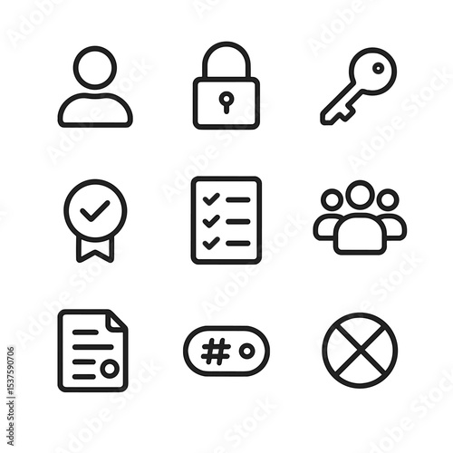 Access Control Icons. Outline icon set of access control and permissions: user icon, lock, key, role badge, permission list, group