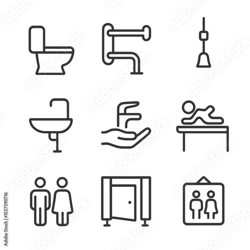 Accessible Restroom Icons. Outline icon set of accessible public restrooms: accessible toilet, grab bars, emergency pull cord,