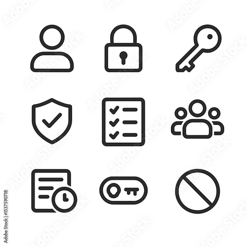 Access Control Icons. Outline icon set of access control and permissions: user icon, lock, key, role badge, permission list, group