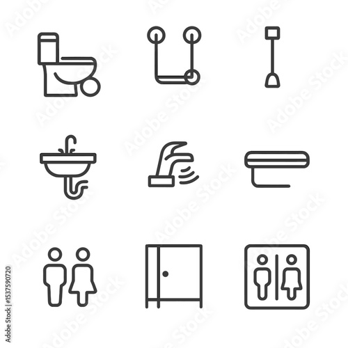 Accessible Restroom Icons. Outline icon set of accessible public restrooms: accessible toilet, grab bars, emergency pull cord,