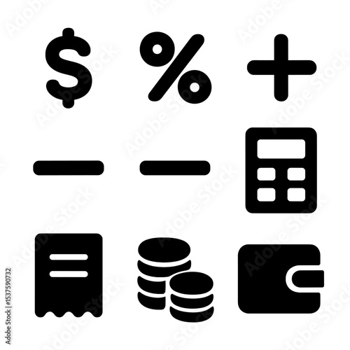 Accounting Icon Grid. Solid, Filled icon set of accounting symbols: dollar sign, percent symbol, plus sign, minus sign, equals