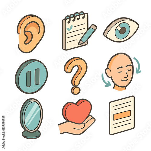 Active Listening Icon Set. Isometric Flat icon set of active listening skills: ear icon, note-taking notepad, eye symbol, pause