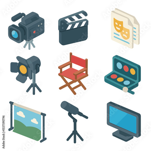 Acting Studio Icons. Isometric Flat icon set of acting studio: camera, clapperboard, script pages, spotlight, director chair,
