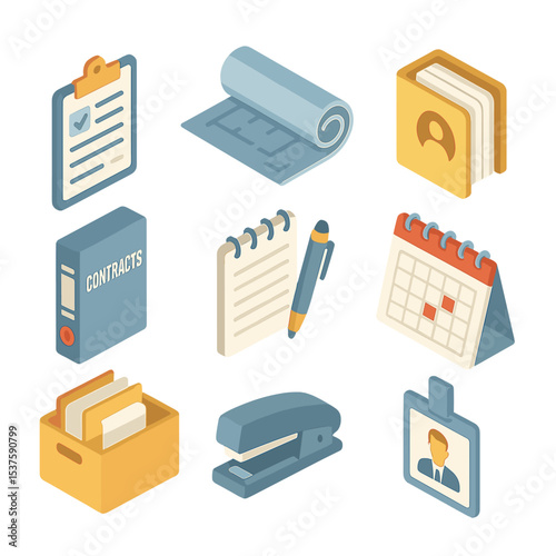 Administrative Icon Set. Isometric Flat icon set of documentation and administrative materials: clipboard with forms, blueprint