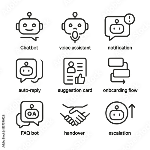 AI Interface Icon Set. Outline icon set of bot and AI interactions: chat bot, voice assistant, notification, auto reply,