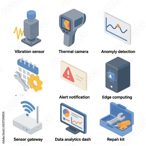 AI Maintenance Icon Set. Isometric Flat icon set of AI-powered predictive maintenance: vibration sensor, thermal camera, anomaly