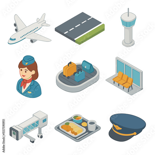 Airline Travel Icons. Isometric Flat icon set of airline travel components: airplane, runway, control tower, flight attendant,