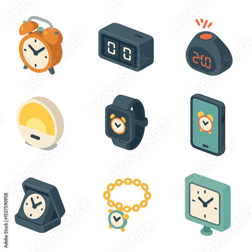 Alarm Clock Variants. Isometric Flat icon set of alarm clock variants: vintage twin bell clock, flip clock, projection clock,