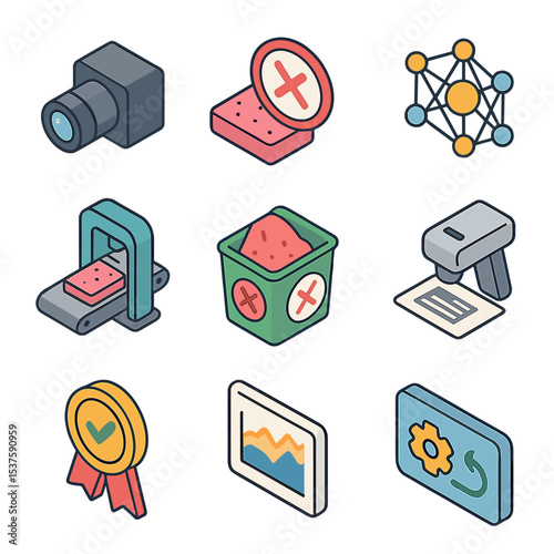 AI Quality Control Icons. Isometric Flat icon set of AI-driven quality control: machine vision camera, defect classifier, neural