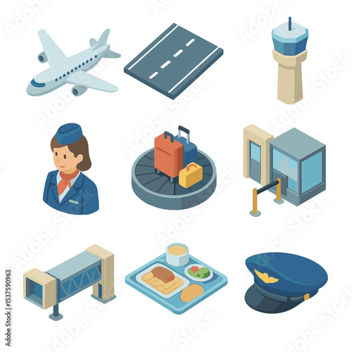 Airline Travel Icons. Isometric Flat icon set of airline travel components: airplane, runway, control tower, flight attendant,