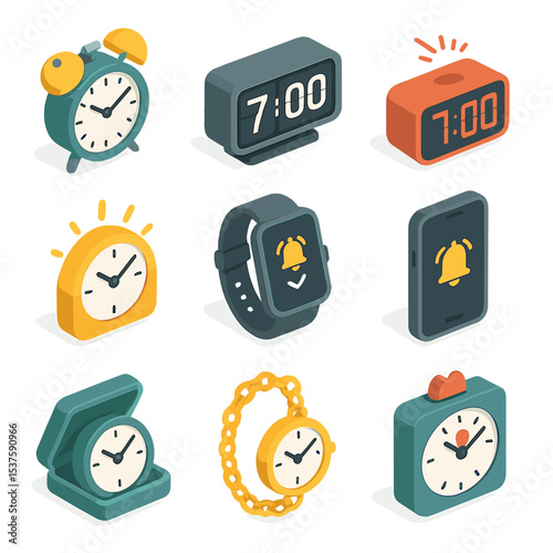 Alarm Clock Variants. Isometric Flat icon set of alarm clock variants: vintage twin bell clock, flip clock, projection clock,