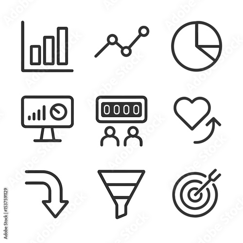 Analytics Icon Set. Outline icon set of analytics and metrics: bar chart, line graph, pie chart, KPI dashboard, visitor count,