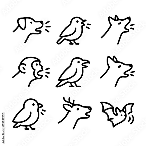 Animal Alarm Call Icons. Outline icon set of animal alarm calls: dog bark lines, bird alarm call, wolf howl, monkey scream, crow