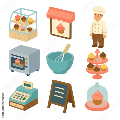 Bakery Shop Essentials. Isometric Flat icon set of cupcake bakery shop essentials: display case, storefront sign, pastry chef,