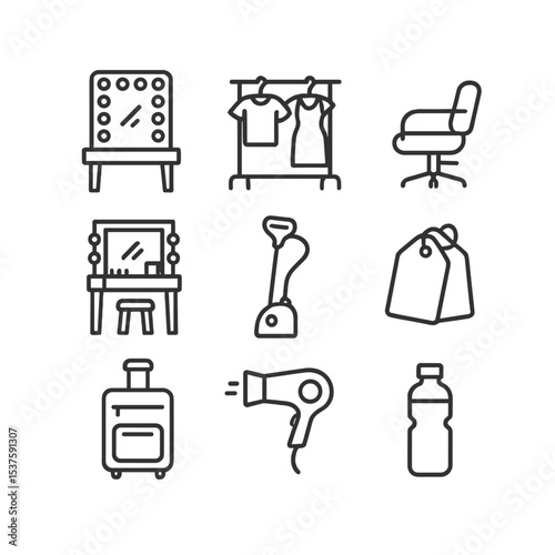Backstage Icon Set. Outline icon set of backstage fashion photography: dressing room mirror, clothing rack, stylist chair, makeup
