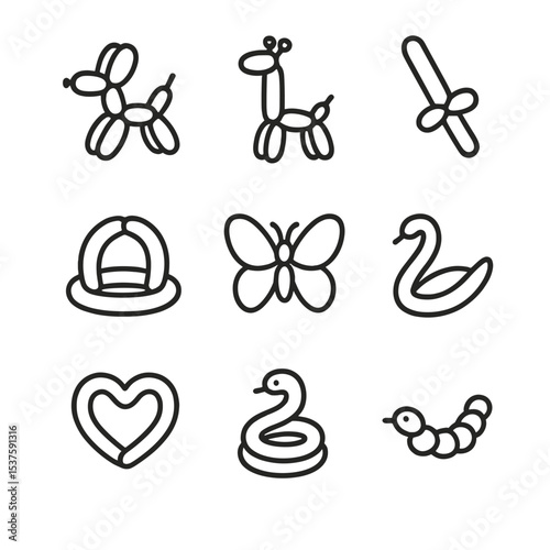 Balloon Animal Icons. Outline icon set of balloon animals: balloon dog, giraffe shape, sword twist, hat twist, butterfly form,