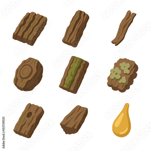 Bark Texture Icons. Isometric Flat icon set of bark ridge textures: deep furrow, raised ridge, peeling strip, knot bulge, moss