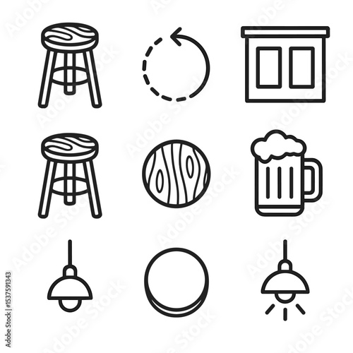 Bar Icon Set. Outline icon set of wooden bar stool: round seat, footrest ring, tall legs, wood grain, swivel arrow, bar counter,