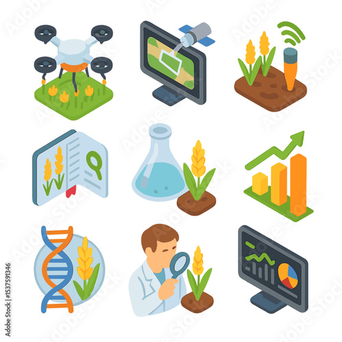 Barley Field Innovation Icons. Isometric Flat icon set of Barley Field Research and Innovation: drone sprayer, satellite imagery