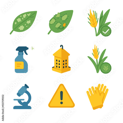 Barley Pest Management Icons. Isometric Flat icon set of Barley Diseases and Pest Management: powdery mildew leaf, aphid cluster,