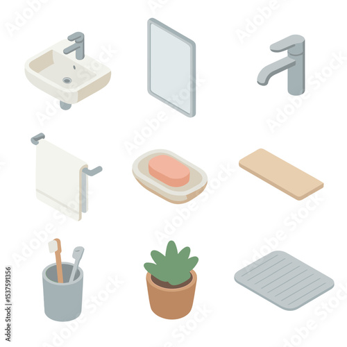 Bathroom Icon Set. Isometric Flat icon set of clean bathroom design: wall-mounted sink, frameless mirror, simple faucet, white