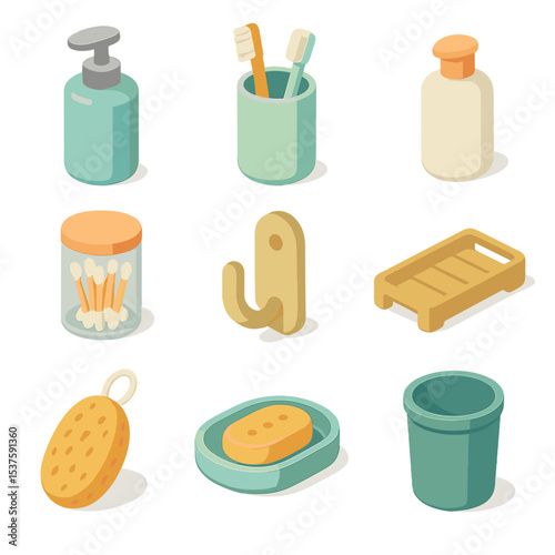 Bathroom Icon Set. Isometric Flat icon set of bathroom accessories: soap dispenser, toothbrush holder, lotion bottle, cotton swab