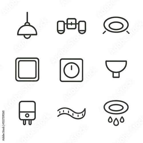 Bathroom Lighting Icons. Outline icon set of stylish bathroom lighting: pendant lamp, vanity sconce, recessed downlight, backlit
