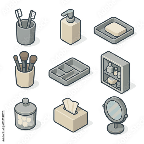 Bathroom Essentials Icons. Isometric Flat icon set of bathroom countertop clearing: toothbrush holder, soap dispenser, tray