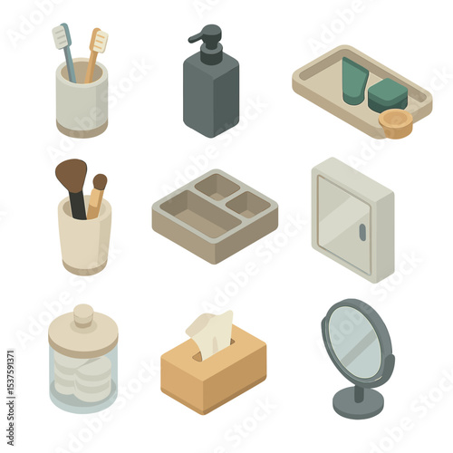 Bathroom Essentials Icons. Isometric Flat icon set of bathroom countertop clearing: toothbrush holder, soap dispenser, tray