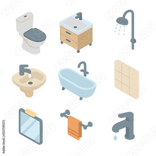 Bathroom Remodeling Icons. Isometric Flat icon set of bathroom remodeling: toilet bowl, vanity cabinet, sink basin, showerhead