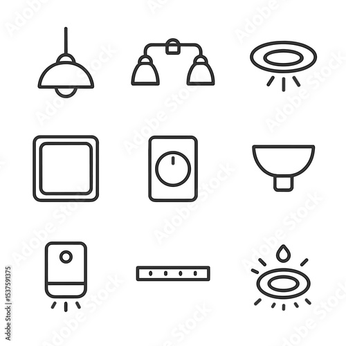 Bathroom Lighting Icons. Outline icon set of stylish bathroom lighting: pendant lamp, vanity sconce, recessed downlight, backlit