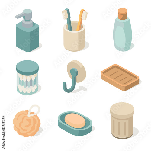Bathroom Icon Set. Isometric Flat icon set of bathroom accessories: soap dispenser, toothbrush holder, lotion bottle, cotton swab