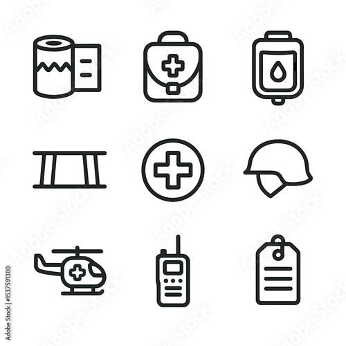 Battlefield Medic Icons. Outline icon set of battlefield medic kit: combat bandage, field medic pouch, blood pack, field stretcher