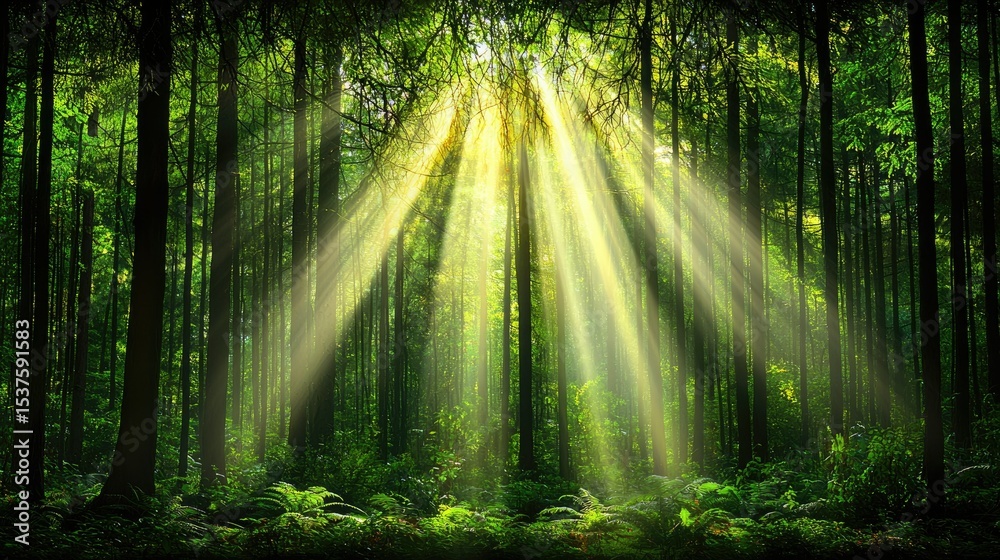 Naklejka premium Sunbeams in the Enchanted Forest