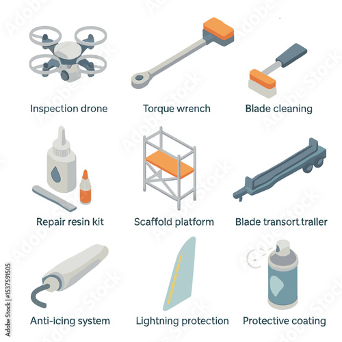 Blade Maintenance Icons. Isometric Flat icon set of blade maintenance equipment: inspection drone, torque wrench, blade cleaning