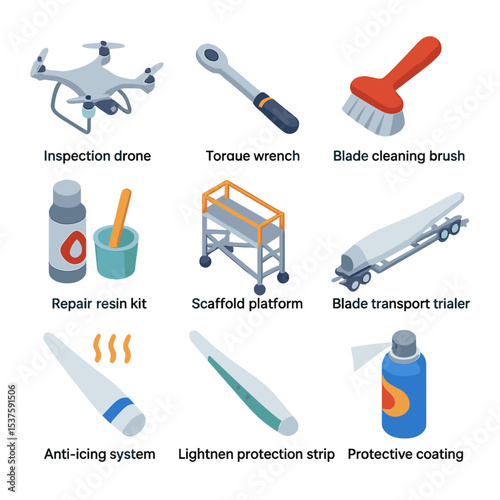 Blade Maintenance Icons. Isometric Flat icon set of blade maintenance equipment: inspection drone, torque wrench, blade cleaning
