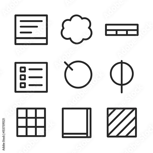 Blueprint Icon Set. Outline icon set of blueprint presentation schemes: title block, revision cloud, scale bar, legend box, detail