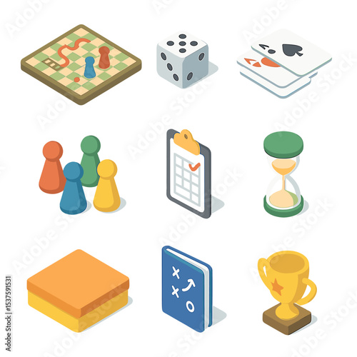 Board Game Icons. Isometric Flat icon set of siblings playing board games: game board, dice, playing cards, token pieces, score