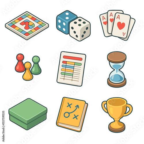 Board Game Icons. Isometric Flat icon set of siblings playing board games: game board, dice, playing cards, token pieces, score