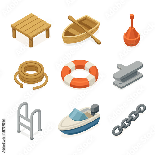 Boat Dock Elements. Isometric Flat icon set of boat access and dock elements: wooden pier, rowboat, dock cleat, rope coil, life