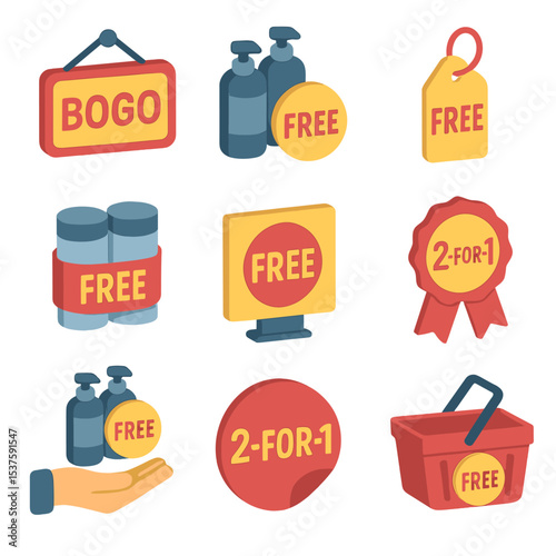 BOGO Icon Set. Isometric Flat icon set of buy one get one offers: “BOGO” sign, paired products, free gift tag, double-pack, shelf
