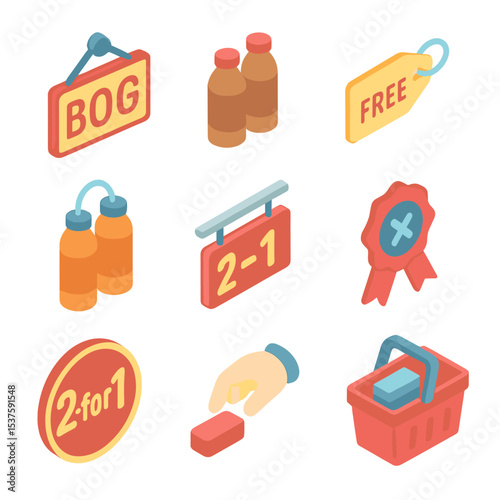 BOGO Icon Set. Isometric Flat icon set of buy one get one offers: “BOGO” sign, paired products, free gift tag, double-pack, shelf