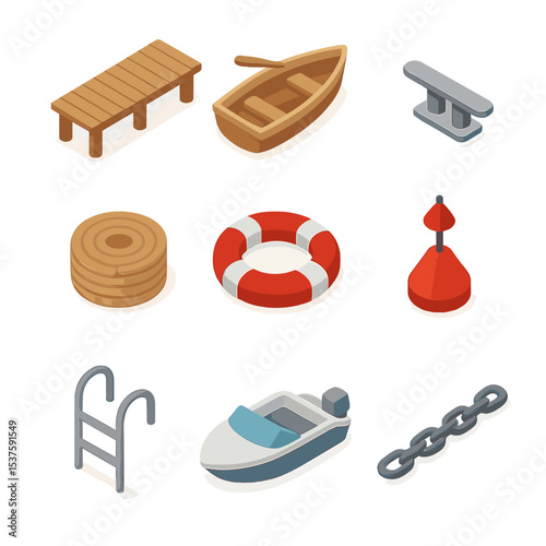 Boat Dock Elements. Isometric Flat icon set of boat access and dock elements: wooden pier, rowboat, dock cleat, rope coil, life