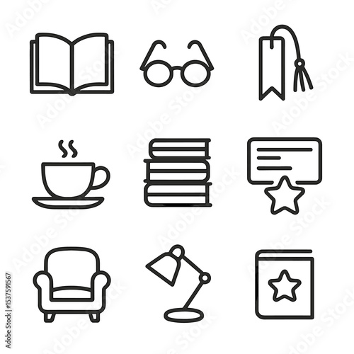BookTok Icon Set. Outline icon set of BookTok community: open novel, reading glasses, bookmark tassel, coffee cup, book stack,