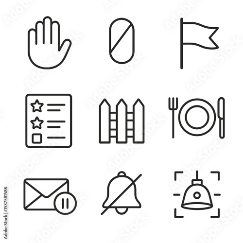 Boundary Icons Collection. Outline icon set of boundary setting and prioritization: stop hand, do not disturb sign, priority flag,