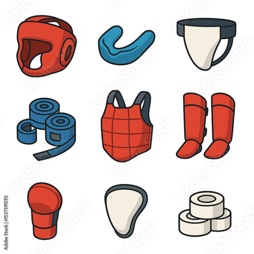 Boxing Gear Icons. Isometric Flat icon set of boxing protective gear: headguard, mouth guard, groin protector, hand wraps, chest