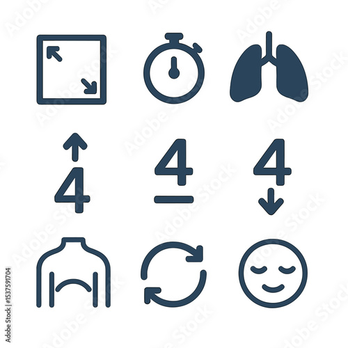 Breathing Exercise Icons. Flat icon set of breathing exercises: box breathing square, stopwatch, lungs icon, inhale count “4”,