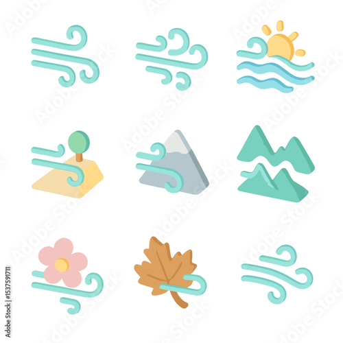 Isometric Breeze Icons. Isometric Flat icon set of weather breezes: light wind, gust, sea breeze, land breeze, mountain breeze,